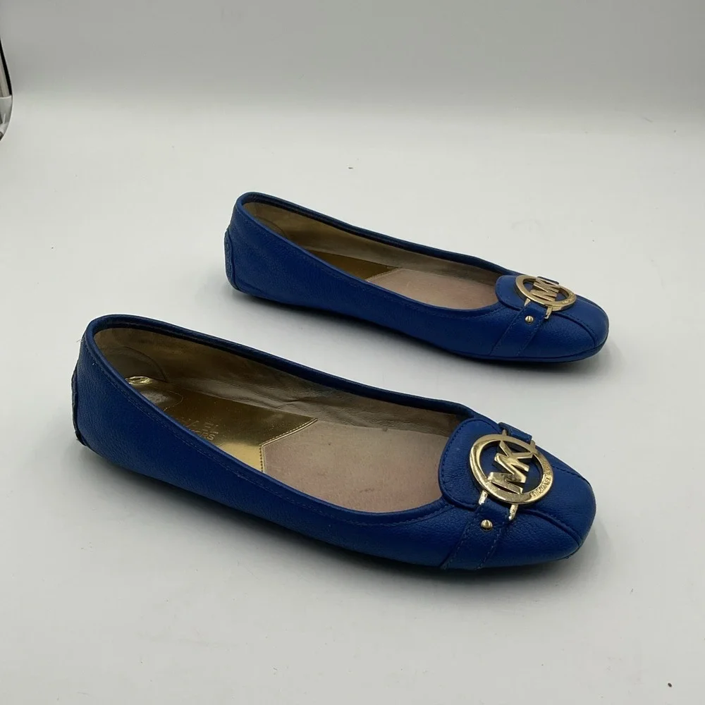 MICHAEL KORS 8.5 Fulton Ballet Flats Blue Saffiano Driving Moc Leather Gold Logo